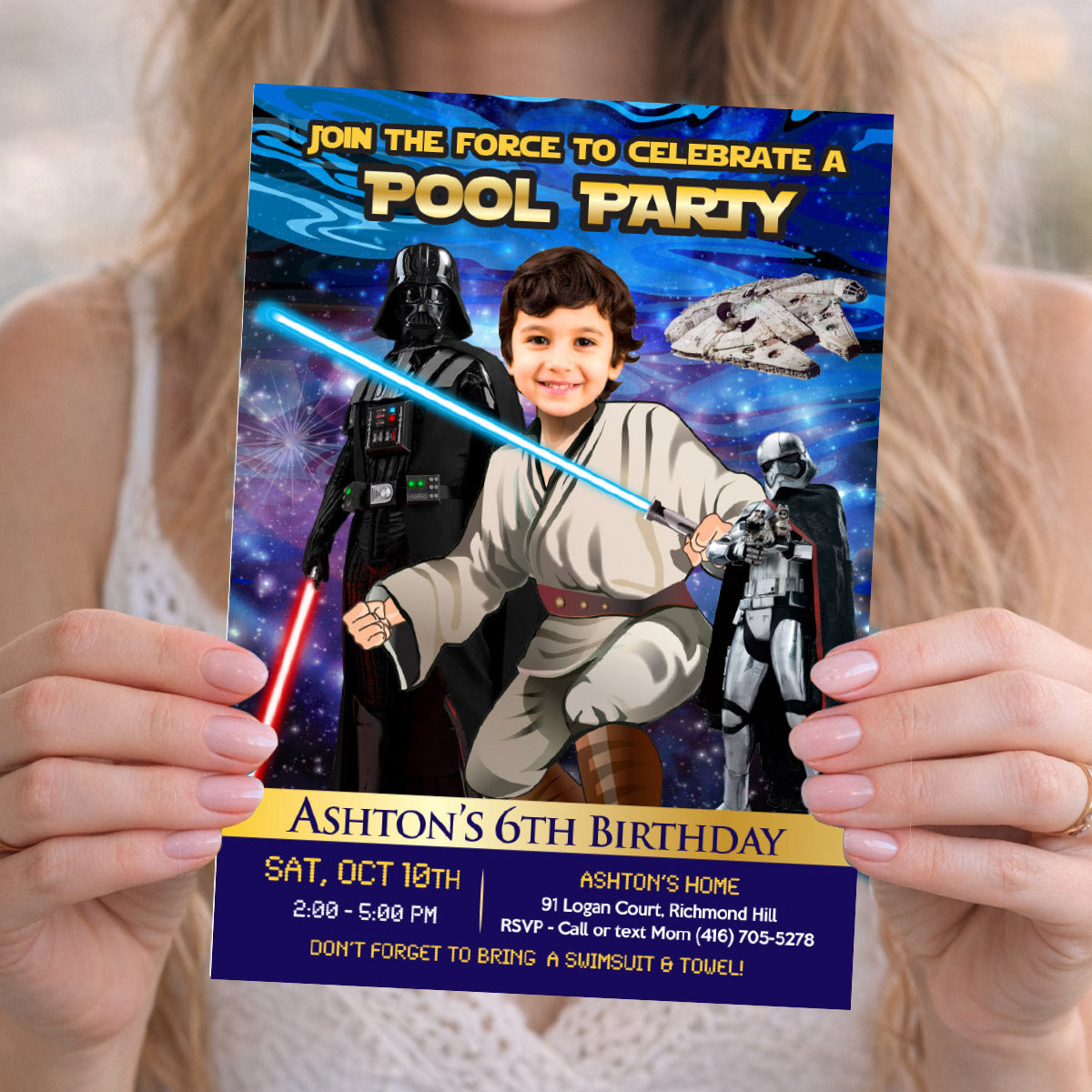 Personalized Star Wars Jedi Pool Party Invitation with Birthday Kid as the jedi. 016