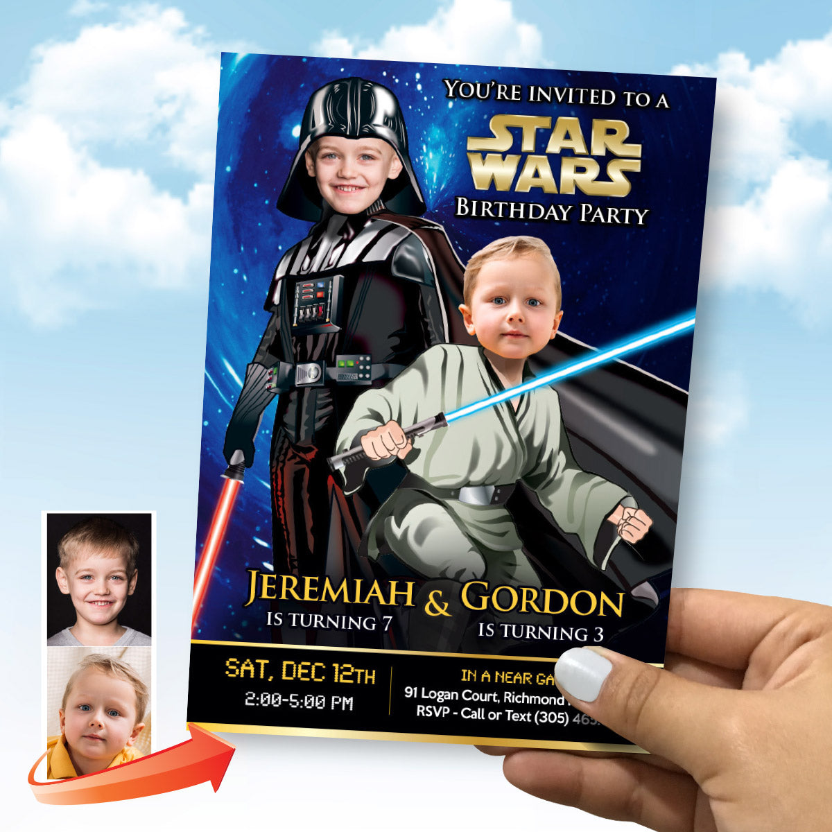Siblings Darth Vader and Jedi Birthday Invitation with Children as the Stars. 027INB