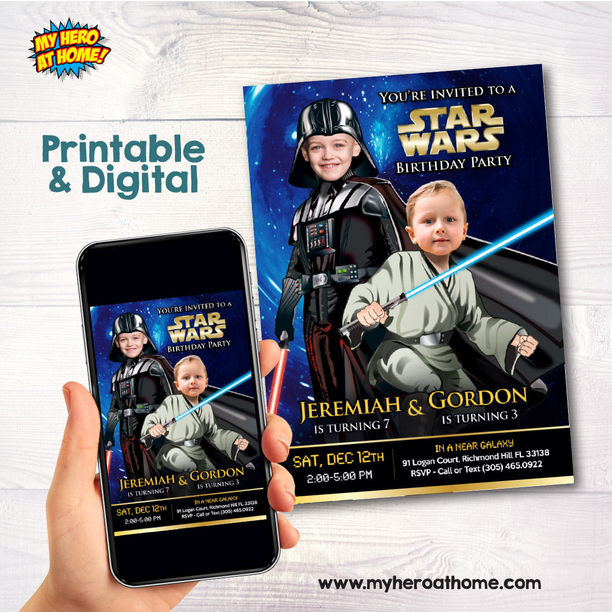 Siblings Darth Vader and Jedi Birthday Invitation with Children as the Stars. 027INB