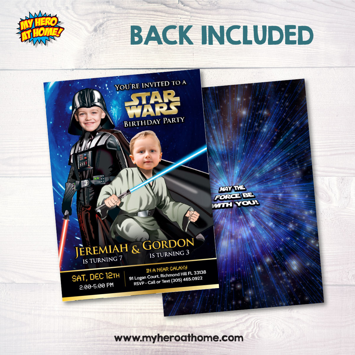 Siblings Darth Vader and Jedi Birthday Invitation with Children as the Stars. 027INB
