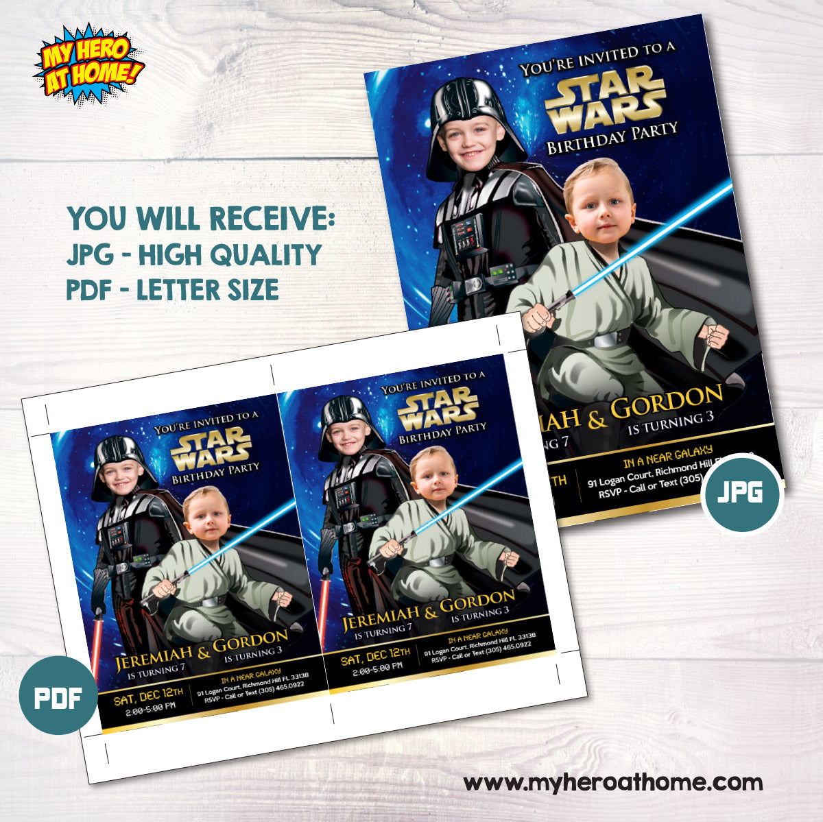 Siblings Darth Vader and Jedi Birthday Invitation with Children as the Stars. 027INB