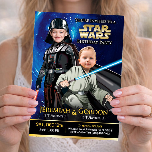Siblings Darth Vader and Jedi Birthday Invitation with Children as the Stars. 027INB