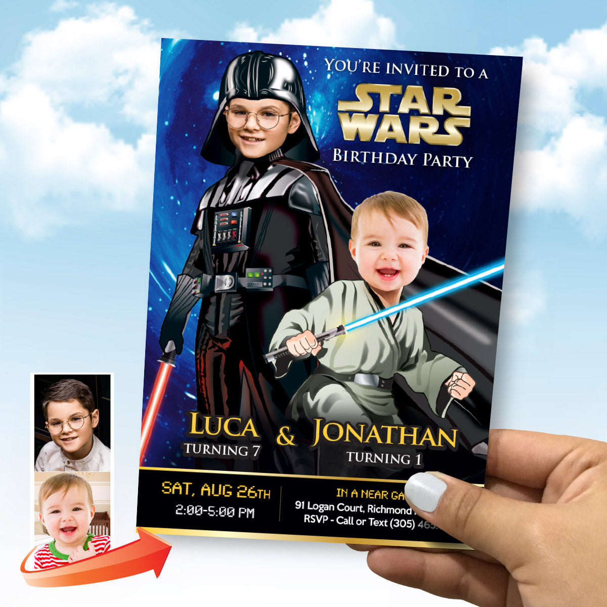 Personalized Darth Vader and Baby Jedi party invitation with children as the stars. 027IN