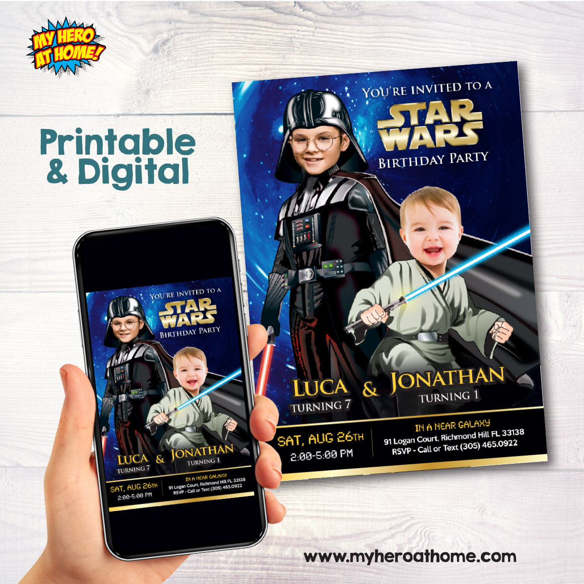 Personalized Darth Vader and Baby Jedi party invitation with children as the stars. 027IN