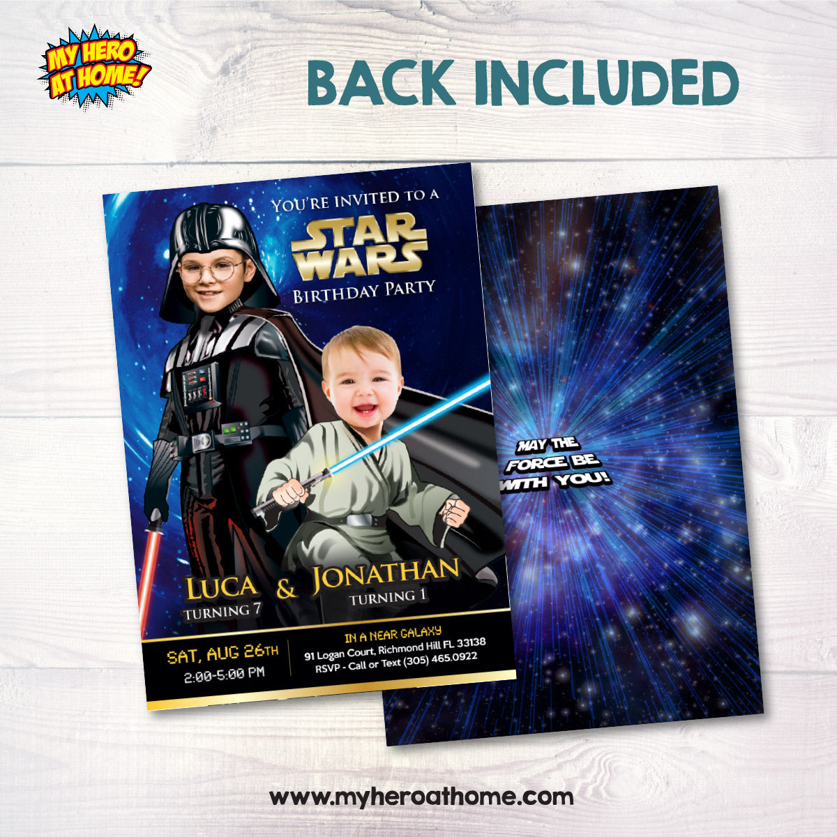 Personalized Darth Vader and Baby Jedi party invitation with children as the stars. 027IN