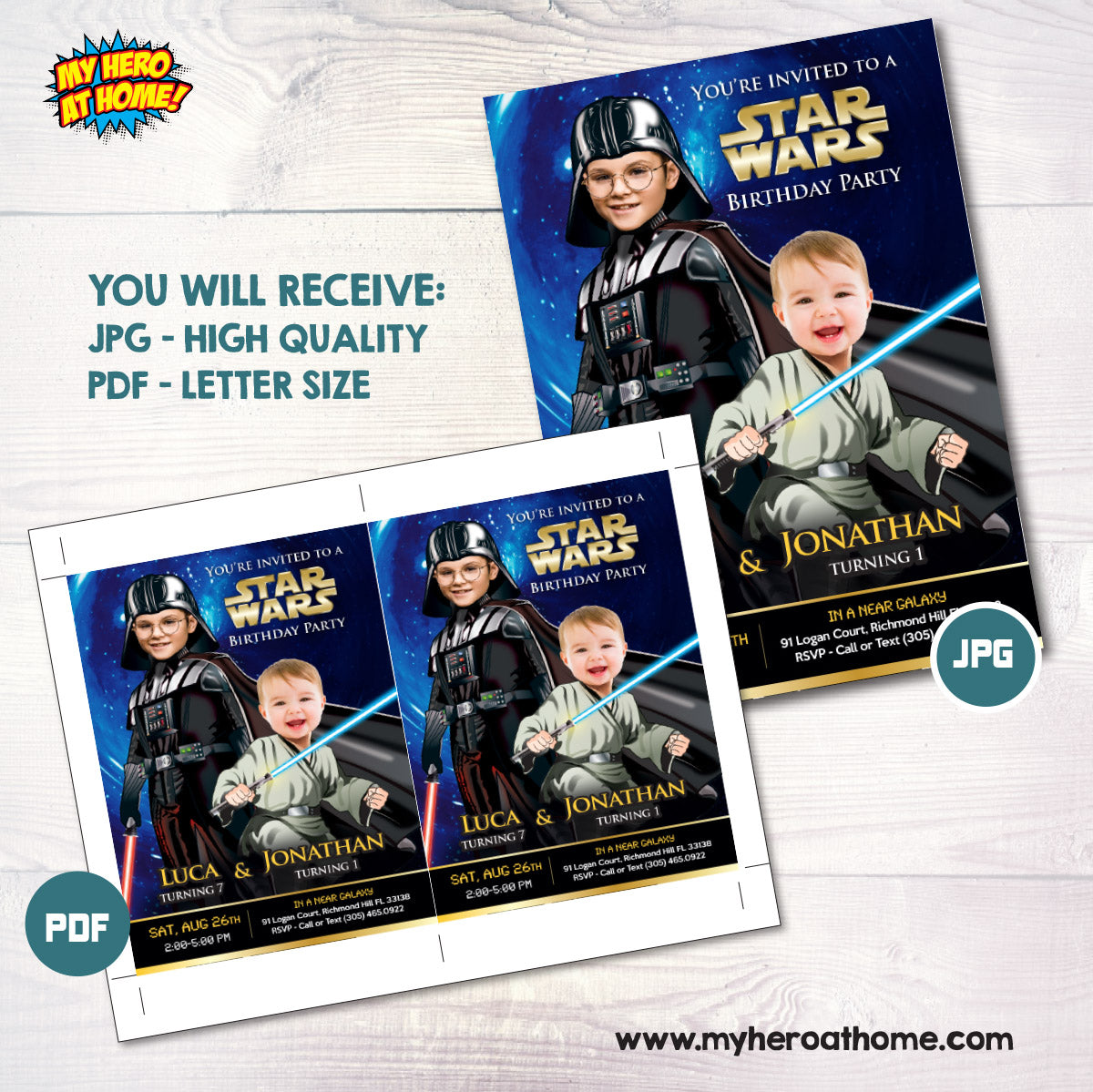 Personalized Darth Vader and Baby Jedi party invitation with children as the stars. 027IN