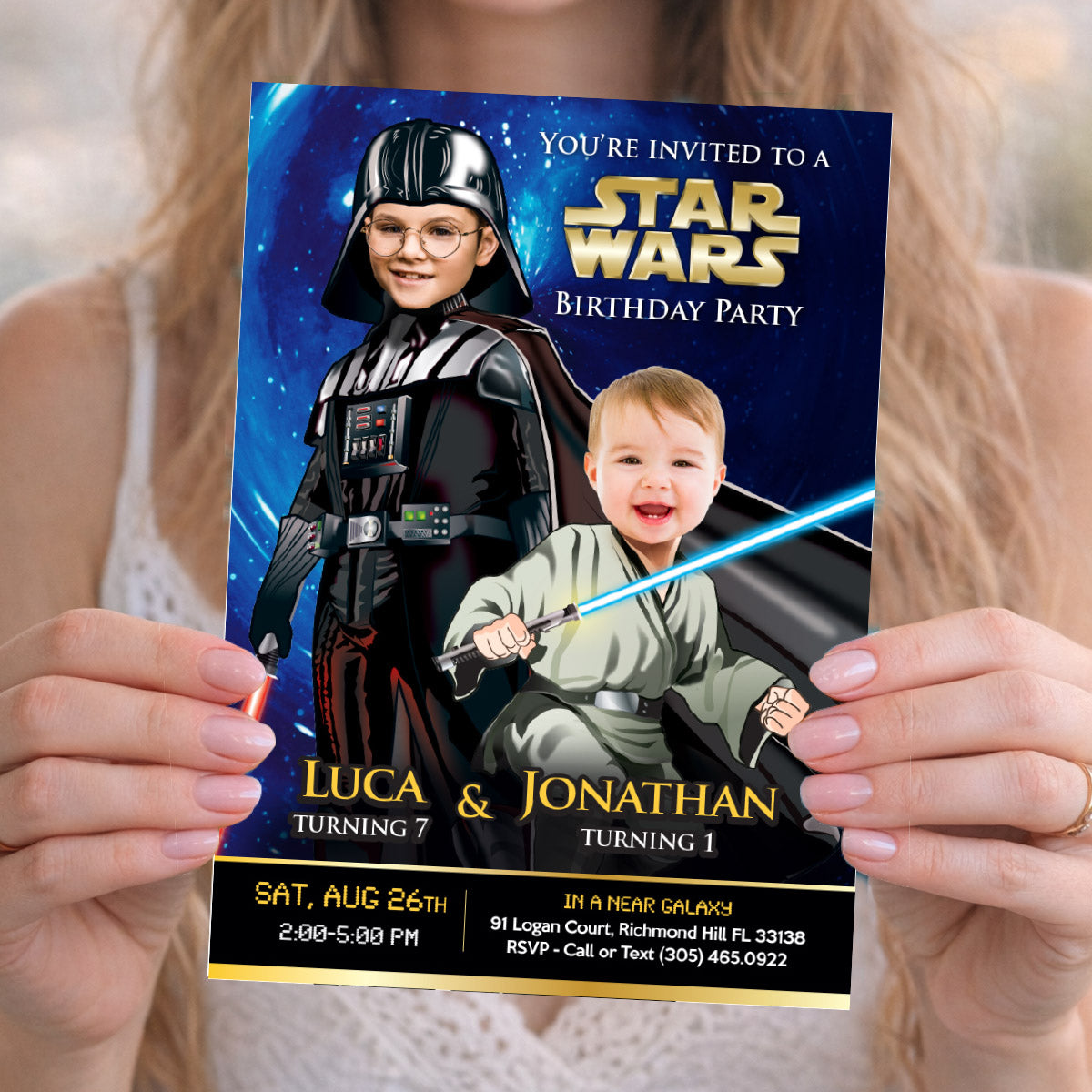 Personalized Darth Vader and Baby Jedi party invitation with children as the stars. 027IN