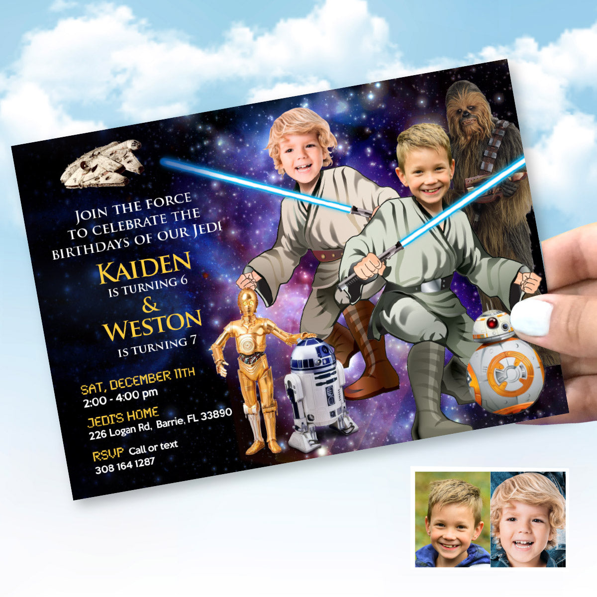 2 Jedis Party template with photos, Joint Star Wars Invite featuring birthday kids. 031