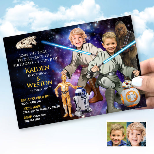 2 Jedis Party Invitation with photos, Joint Star Wars Invite featuring birthday kids. 031
