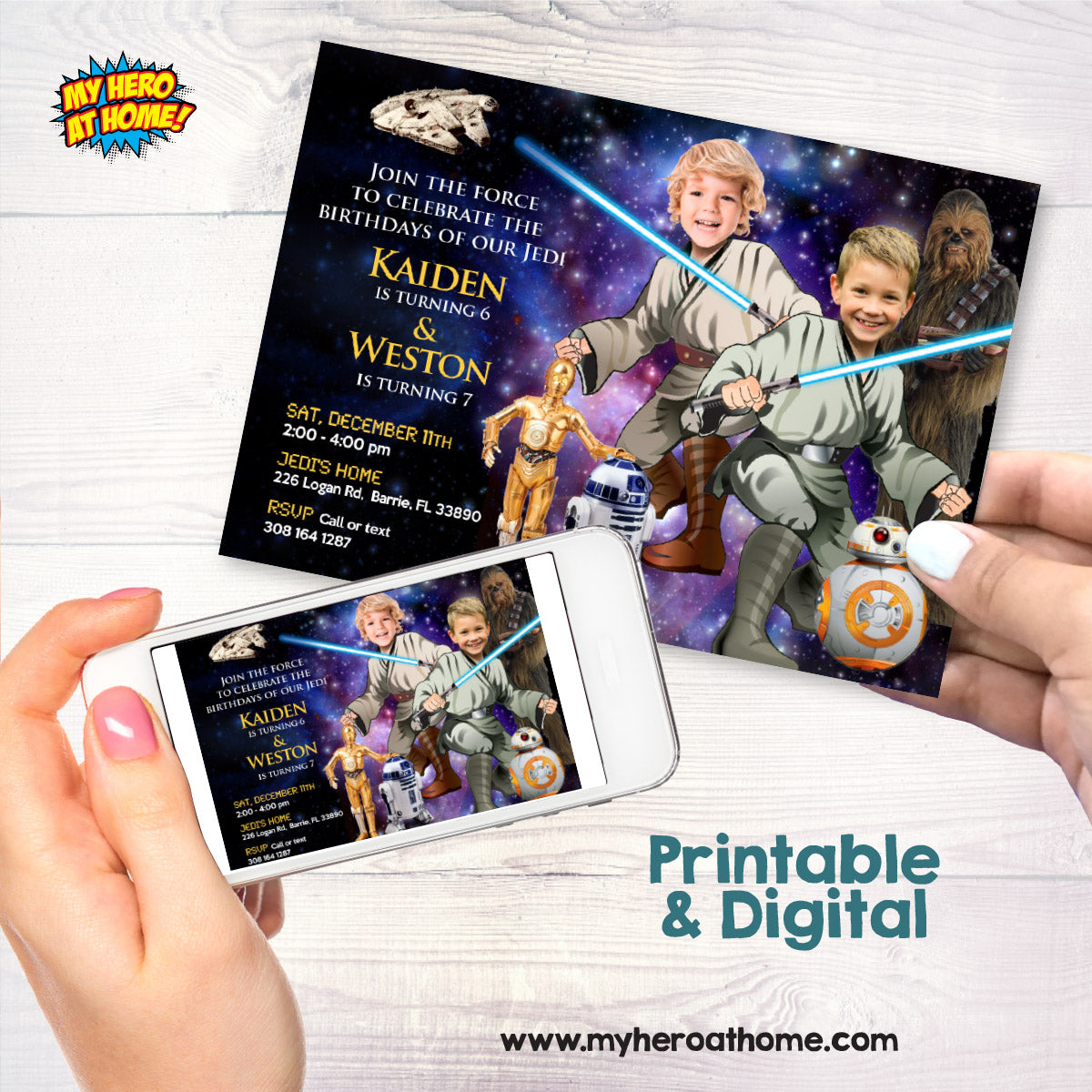 2 Jedis Party template with photos, Joint Star Wars Invite featuring birthday kids. 031