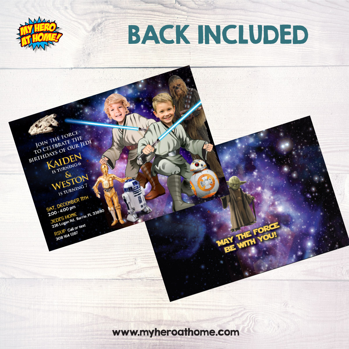 2 Jedis Party template with photos, Joint Star Wars Invite featuring birthday kids. 031