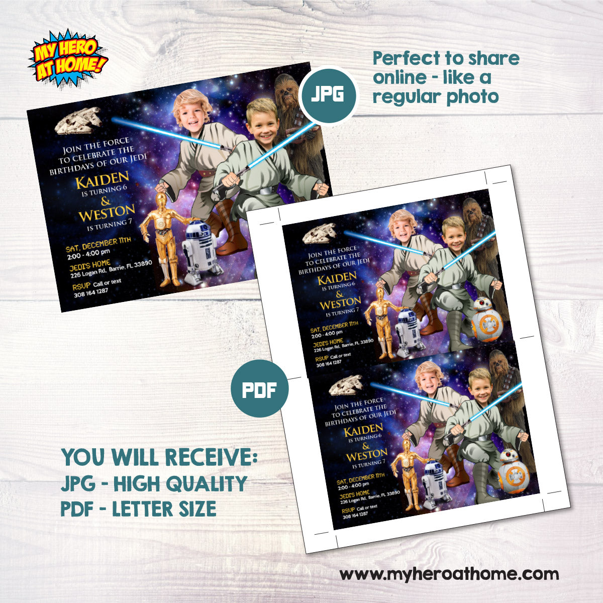 2 Jedis Party template with photos, Joint Star Wars Invite featuring birthday kids. 031