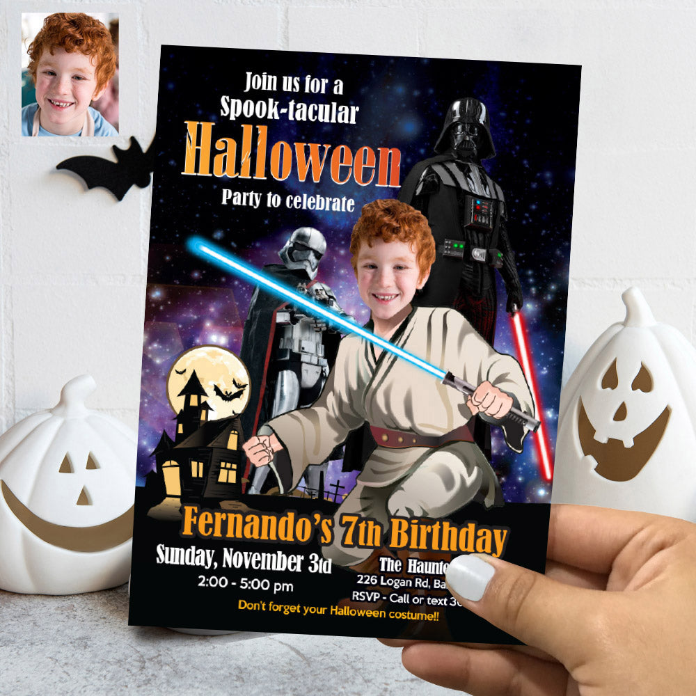 Personalized Star Wars Halloween Birthday Invitation with Kid as Jedi (Thank You included). 032N