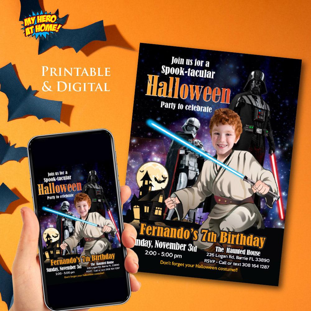 Personalized Star Wars Halloween Birthday Invitation with Kid as Jedi (Thank You included). 032N