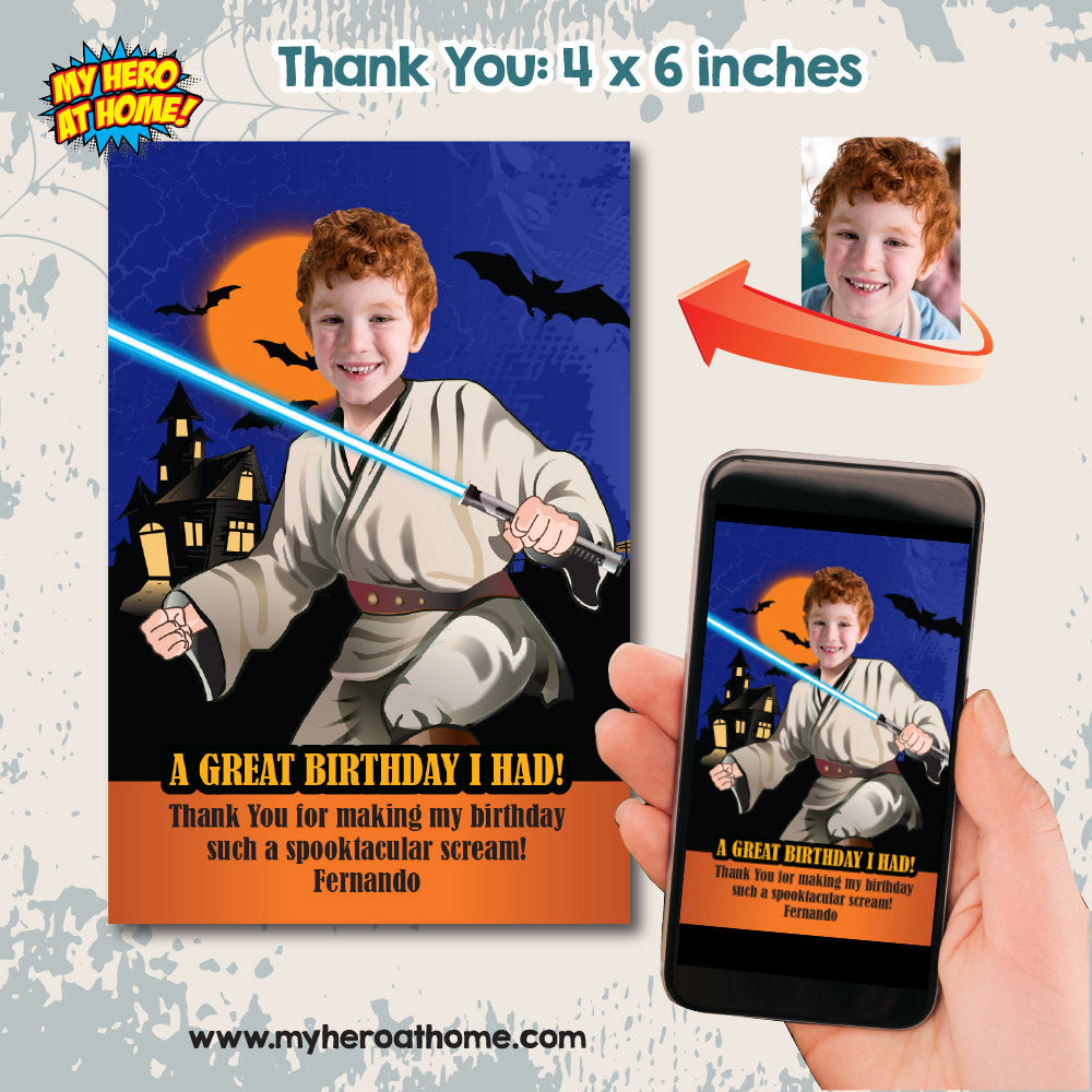 Personalized Star Wars Halloween Birthday Invitation with Kid as Jedi (Thank You included). 032N