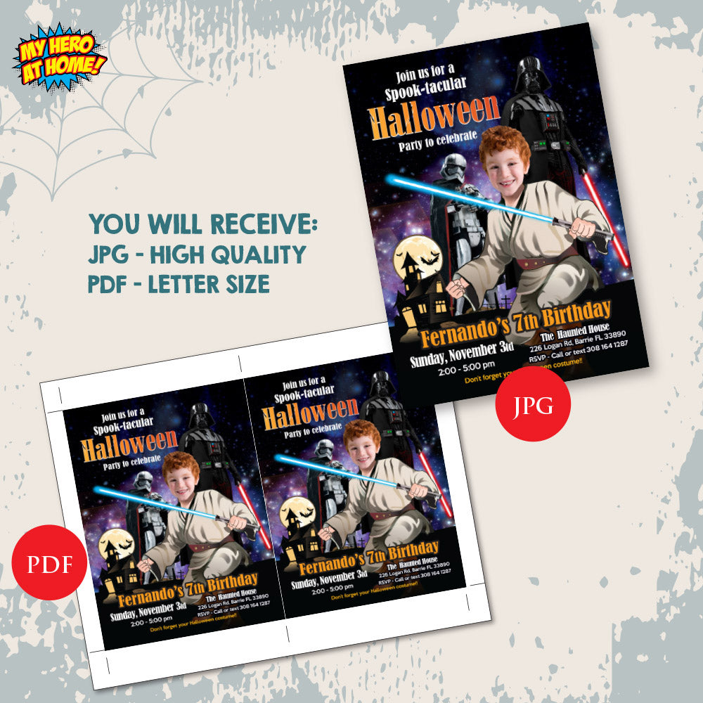 Personalized Star Wars Halloween Birthday Invitation with Kid as Jedi (Thank You included). 032N