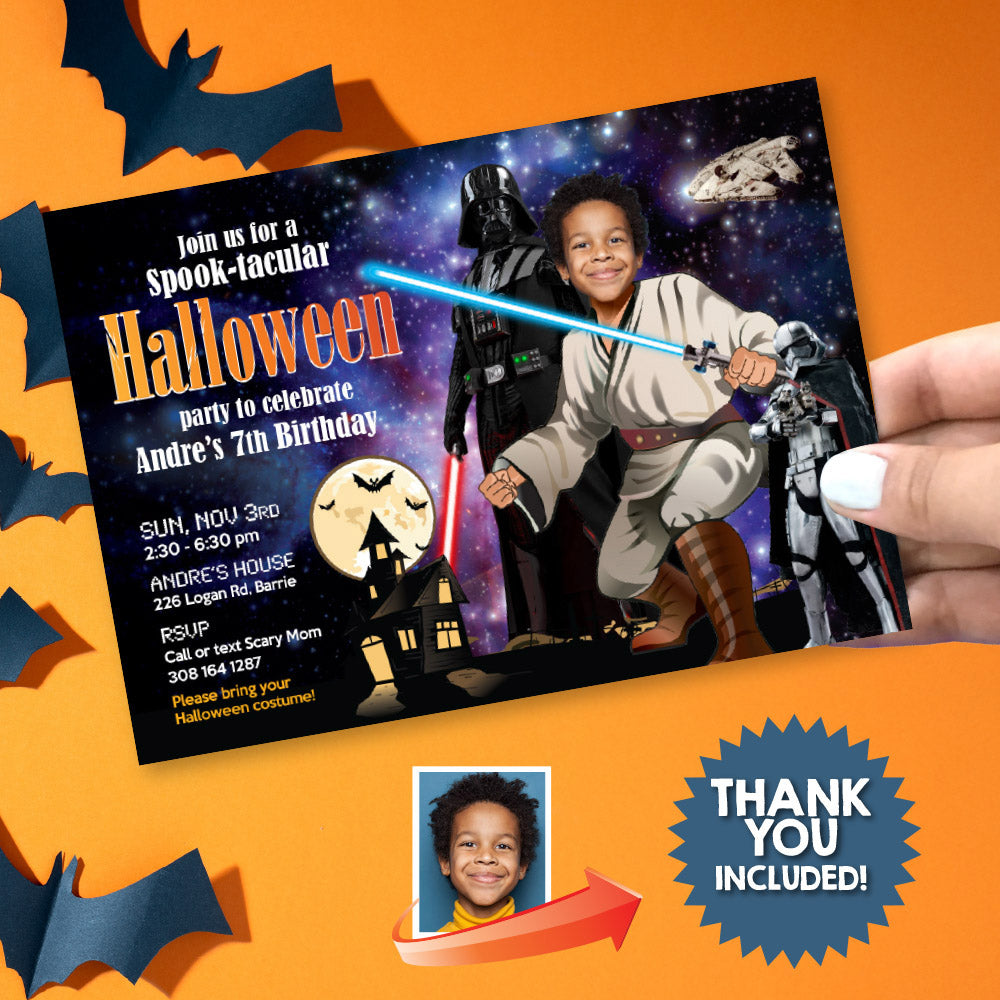 Star Wars Halloween Party Invitation with Birthday Kid as a Jedi (Thanks included). 032H
