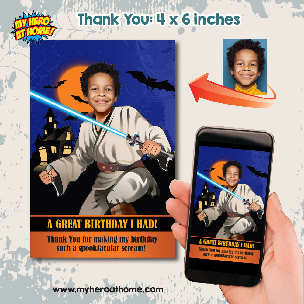 Star Wars Halloween Party Invitation with Birthday Kid as a Jedi (Thanks included). 032H