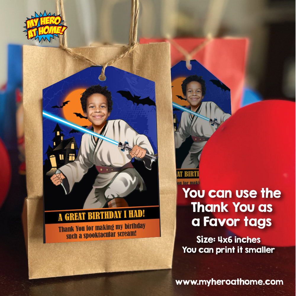 Star Wars Halloween Party Invitation with Birthday Kid as a Jedi (Thanks included). 032H
