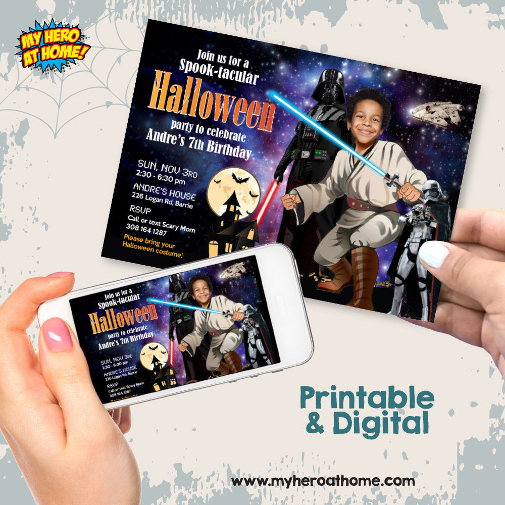 Star Wars Halloween Party Invitation with Birthday Kid as a Jedi (Thanks included). 032H