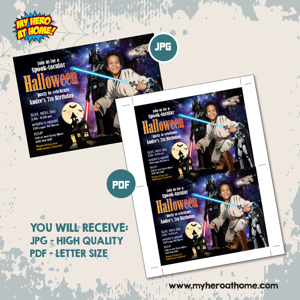Star Wars Halloween Party Invitation with Birthday Kid as a Jedi (Thanks included). 032H