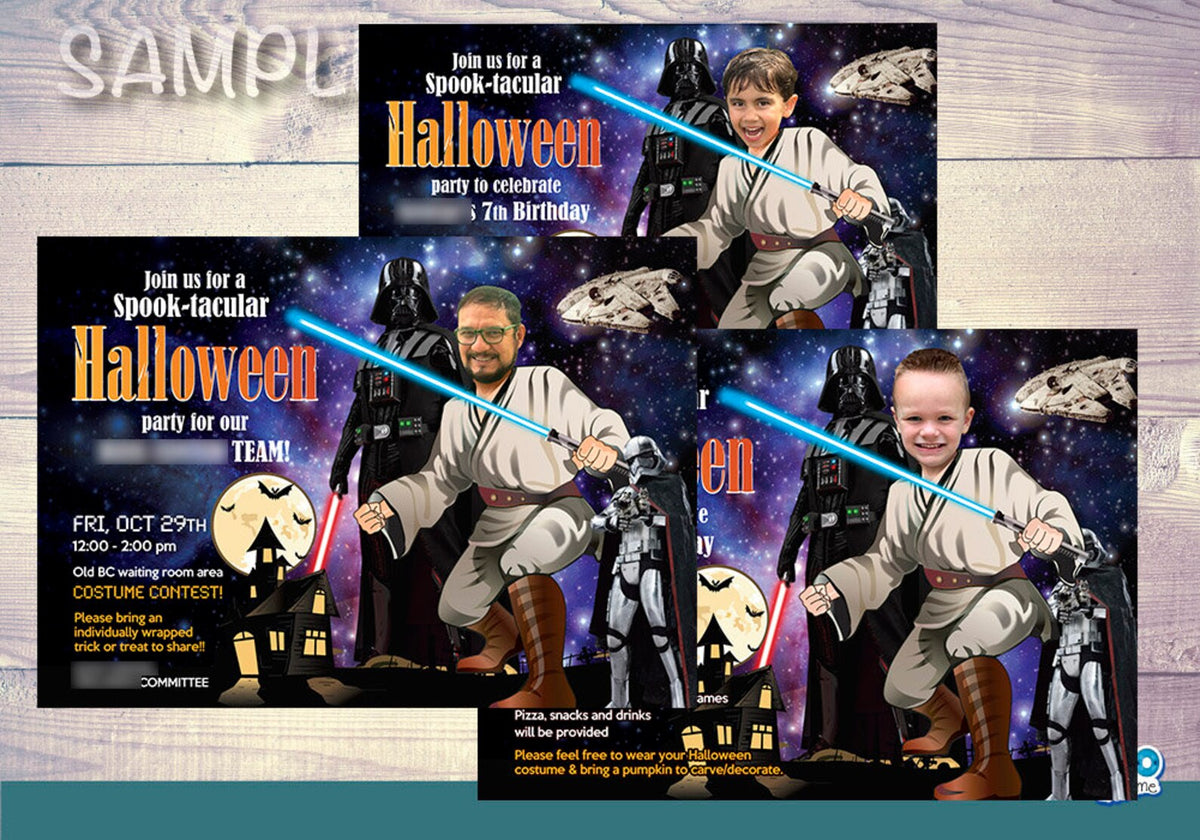 Star Wars Halloween Party Invitation with Birthday Kid as a Jedi (Thanks included). 032H