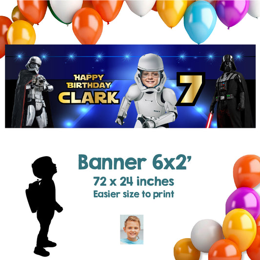 Personalized Stormtrooper Birthday Banner 6x2’ with Photo (Horizontal orientation). 036BBH