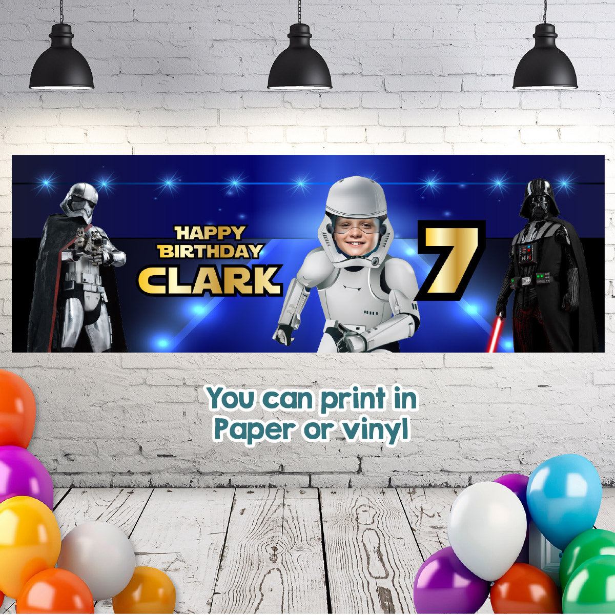 Personalized Stormtrooper Birthday Banner 6x2’ with Photo (Horizontal orientation). 036BBH