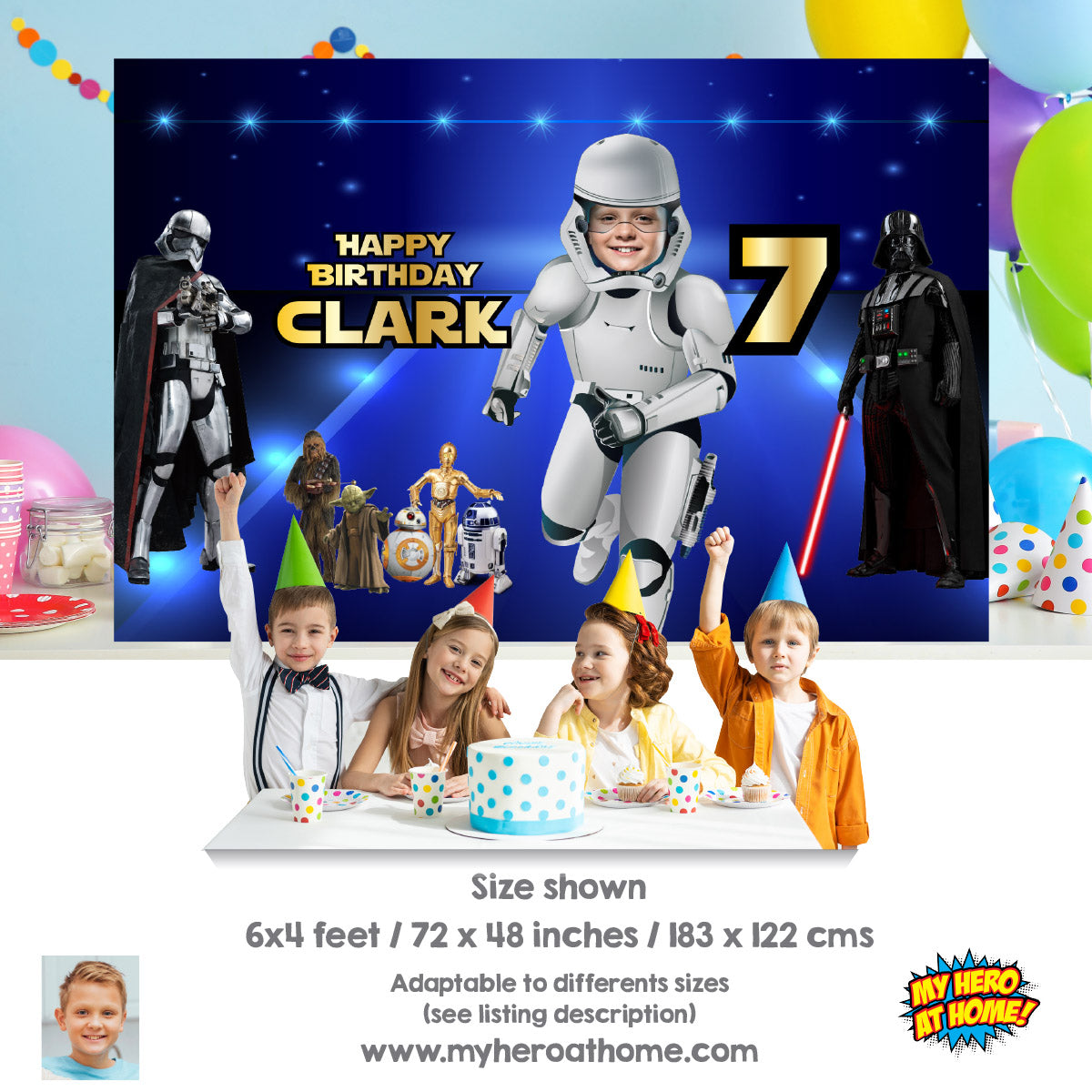 Custom Stormtrooper Birthday Backdrop 6x4 feet with kid as the star Droid. 036BB