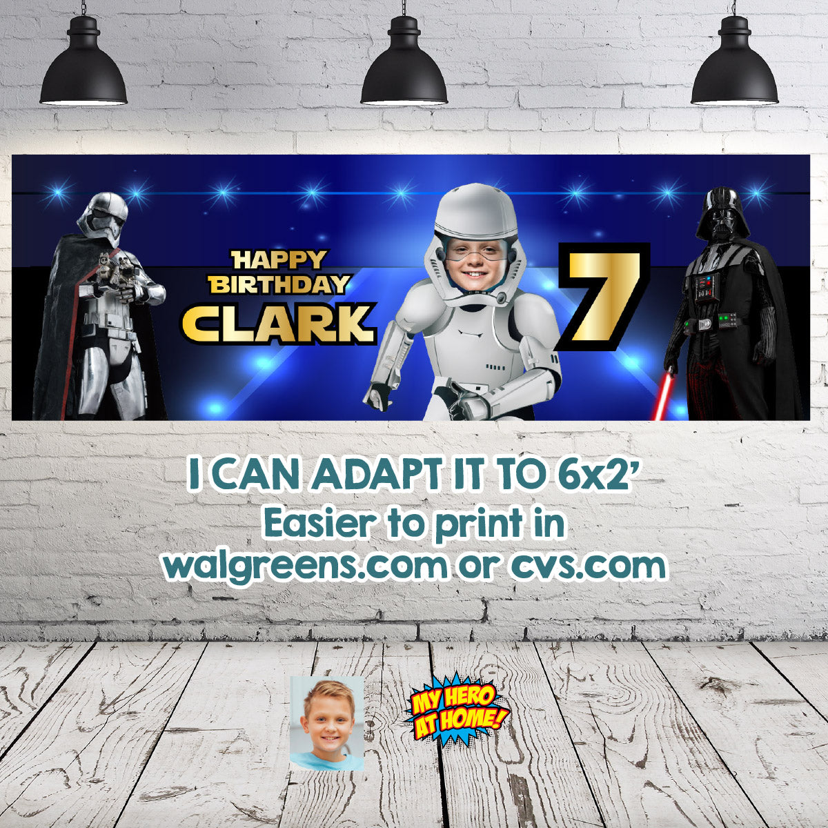 Custom Stormtrooper Birthday Backdrop 6x4 feet with kid as the star Droid. 036BB