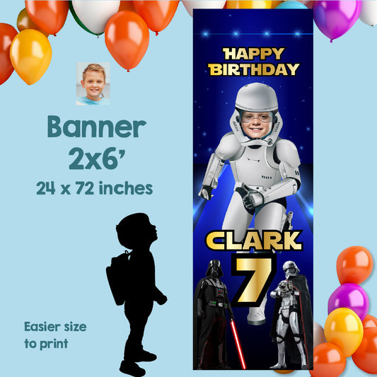 Vertical Stormtrooper Birthday Banner 2x6’ featuring child as the star. 036BBV