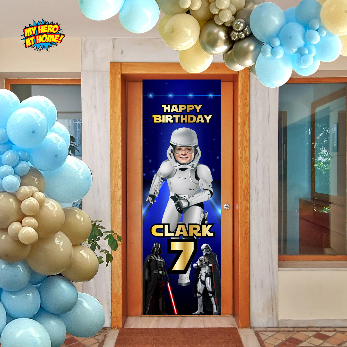 Vertical Stormtrooper Birthday Banner 2x6’ featuring child as the star. 036BBV