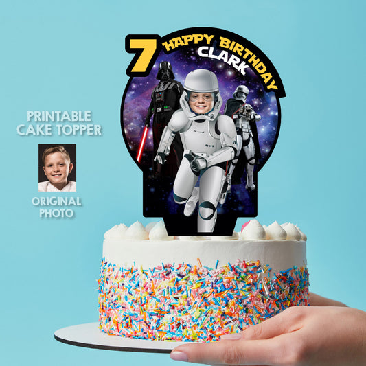 Personalized Stormtrooper Cake topper featuring birthday kid as the droid. 036CT1