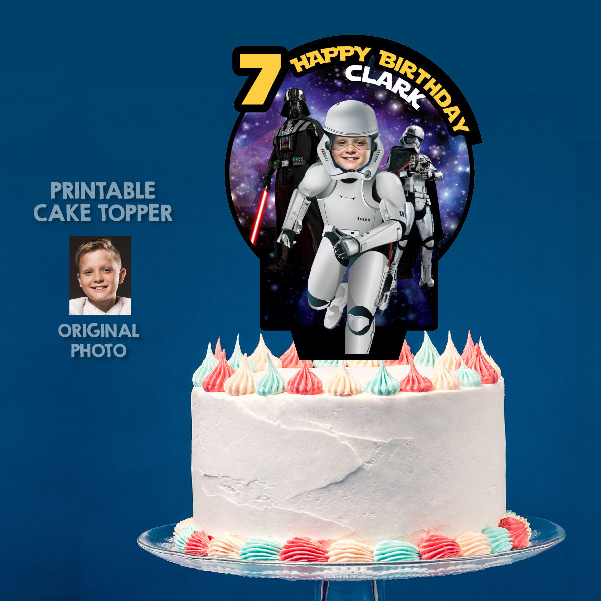 Personalized Stormtrooper Cake topper featuring birthday kid as the droid. 036CT1