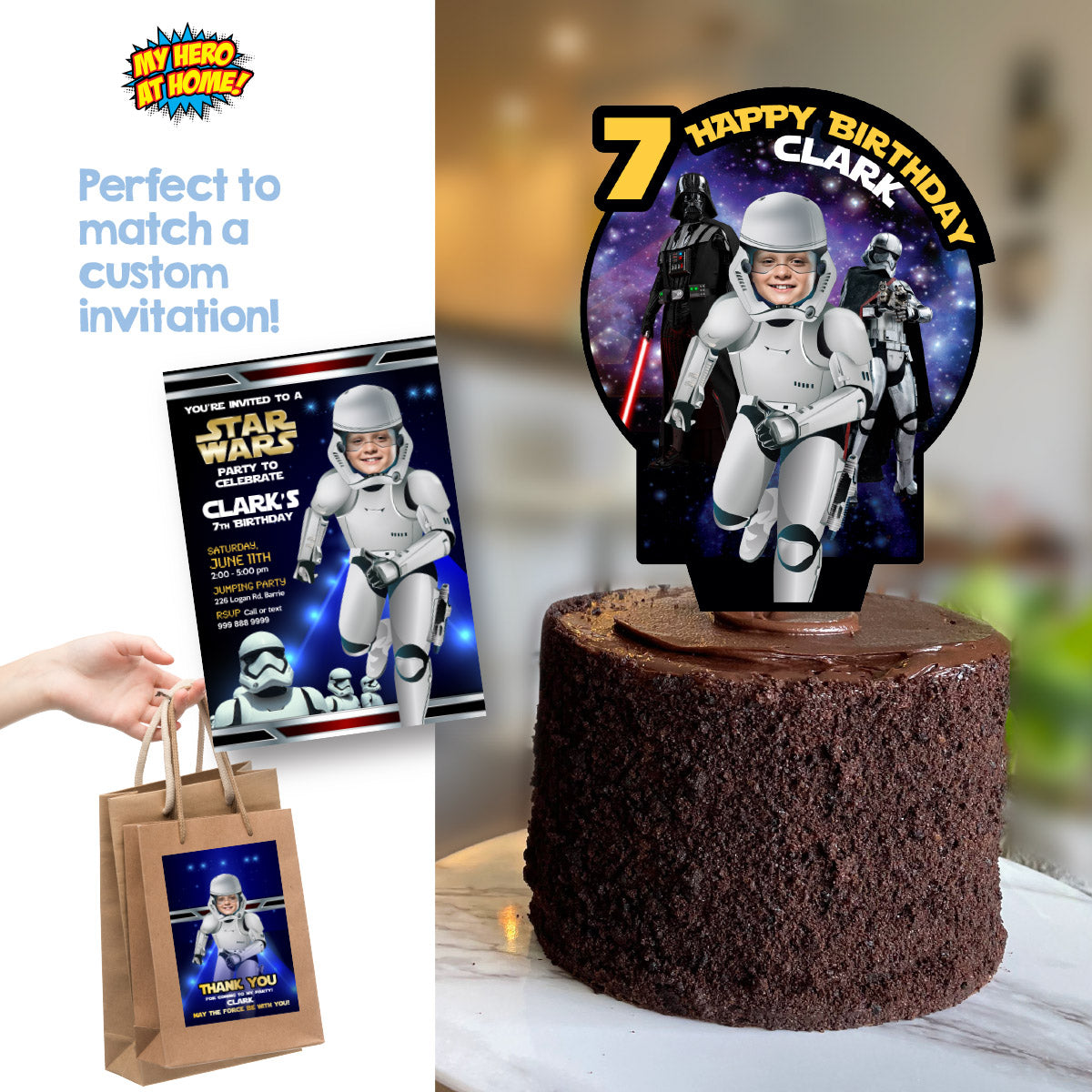 Personalized Stormtrooper Cake topper featuring birthday kid as the droid. 036CT1