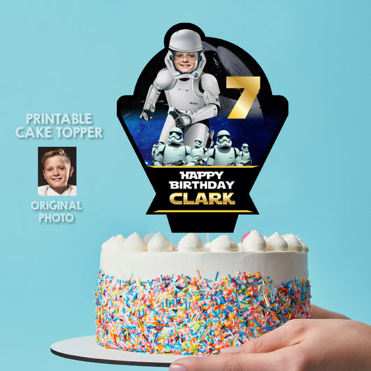 Custom Droids Cake topper featuring birthday kid as a Stormtrooper. 036CT2