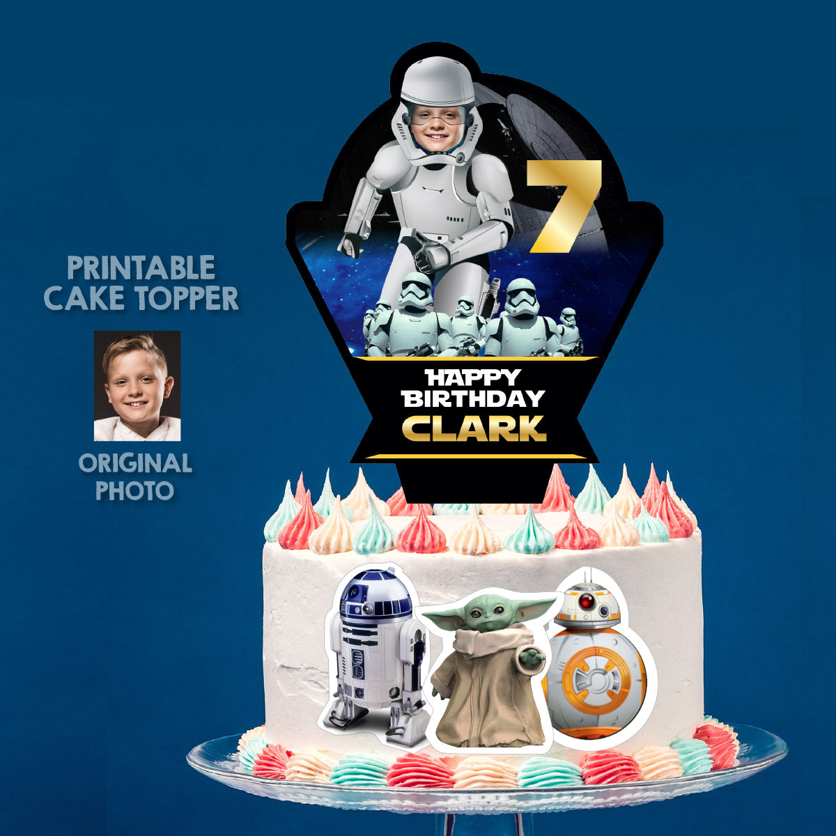 Custom Droids Cake topper featuring birthday kid as a Stormtrooper. 036CT2