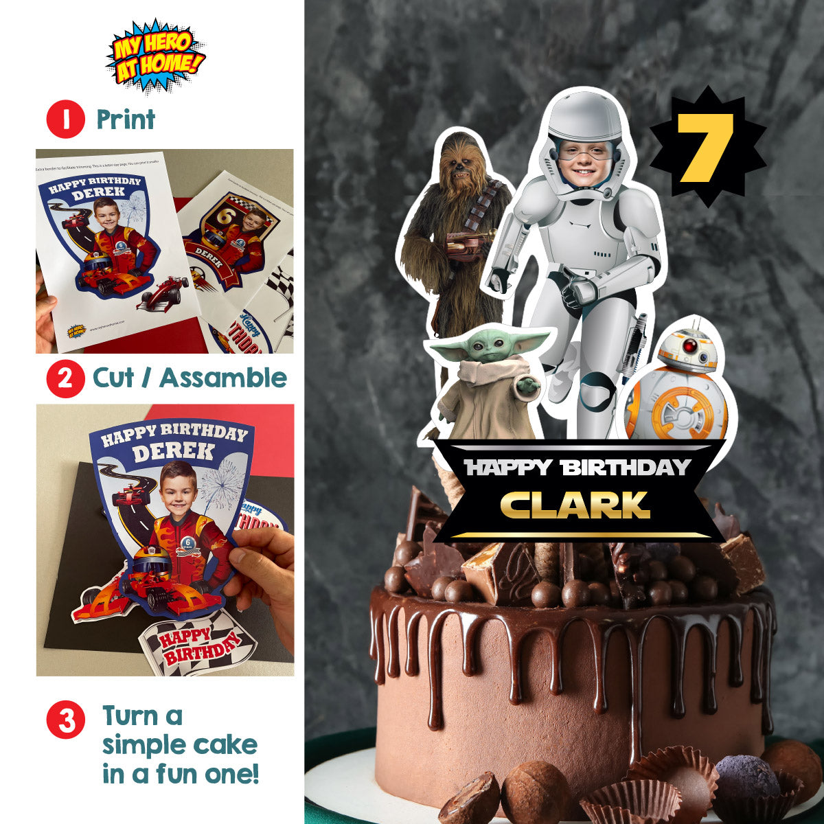 Custom Droids Cake topper featuring birthday kid as a Stormtrooper. 036CT2