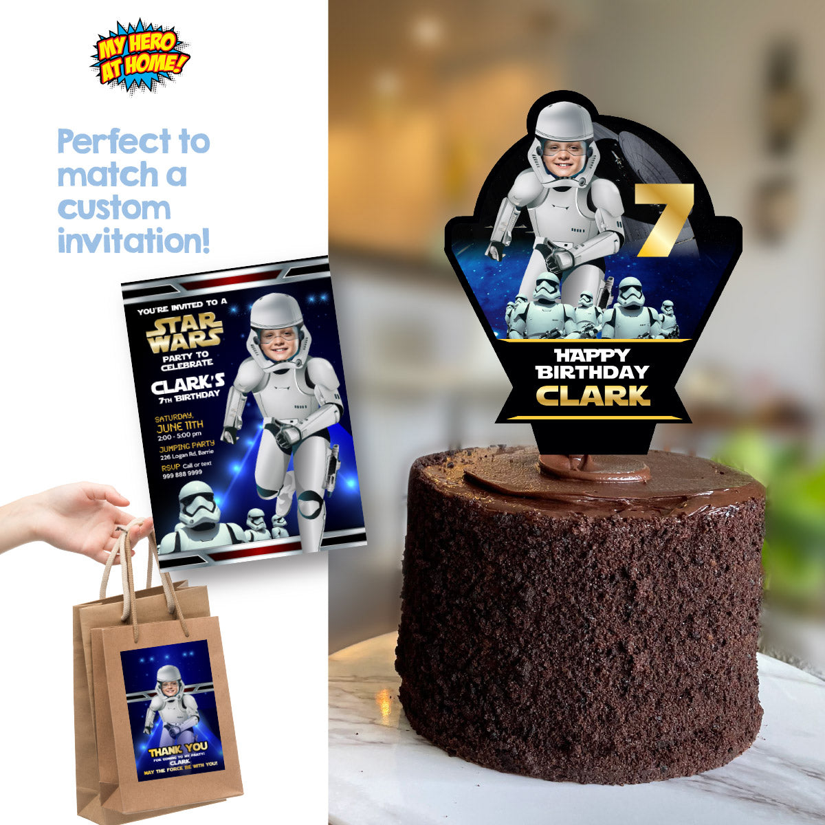 Custom Droids Cake topper featuring birthday kid as a Stormtrooper. 036CT2