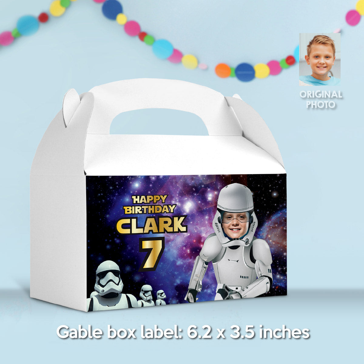 Personalized Stormtrooper Gable Box label with photo, Party favors, candy boxes. 036GB