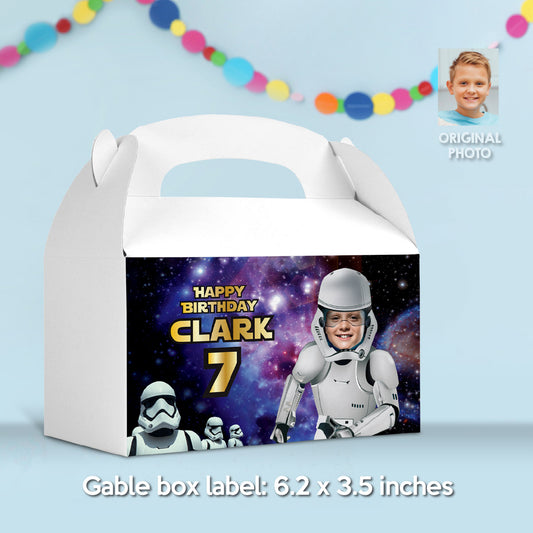 Personalized Stormtrooper Gable Box label with photo, Party favors, candy boxes. 036GB