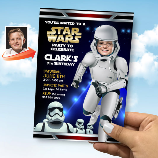 Custom Stormtroopers Birthday Invitation with kid as the Droid, Dark Side droids invite. 036