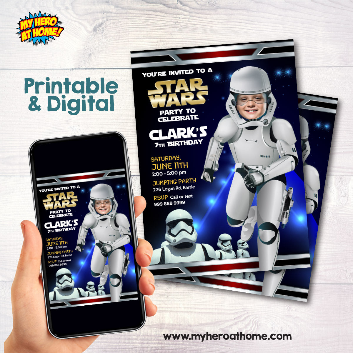 Custom Stormtroopers Birthday Invitation with kid as the Droid, Dark Side droids invite. 036