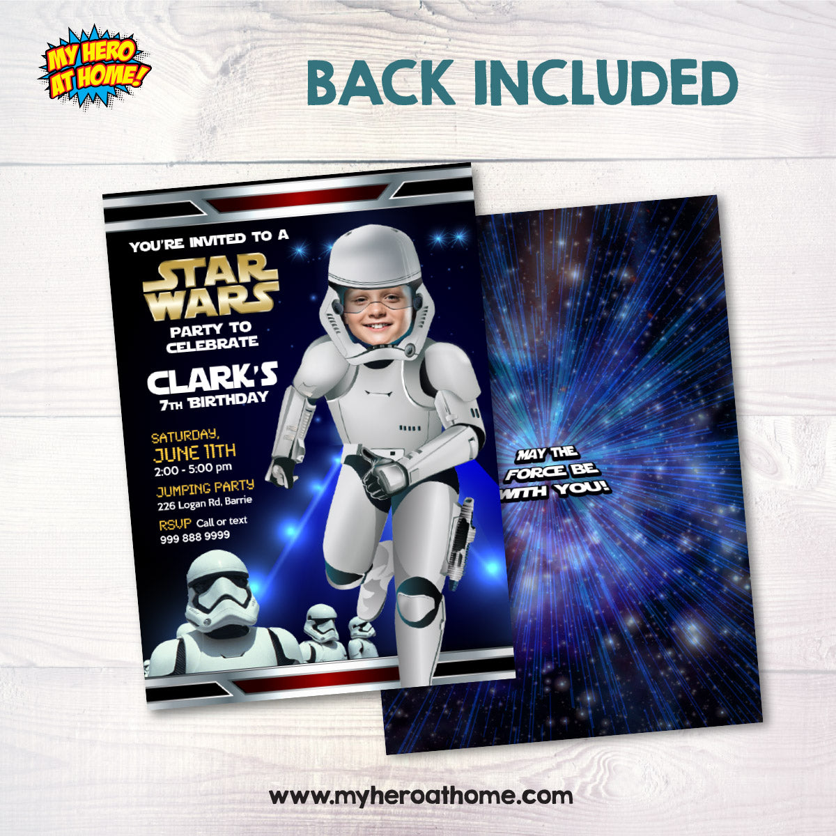 Custom Stormtroopers Birthday Invitation with kid as the Droid, Dark Side droids invite. 036