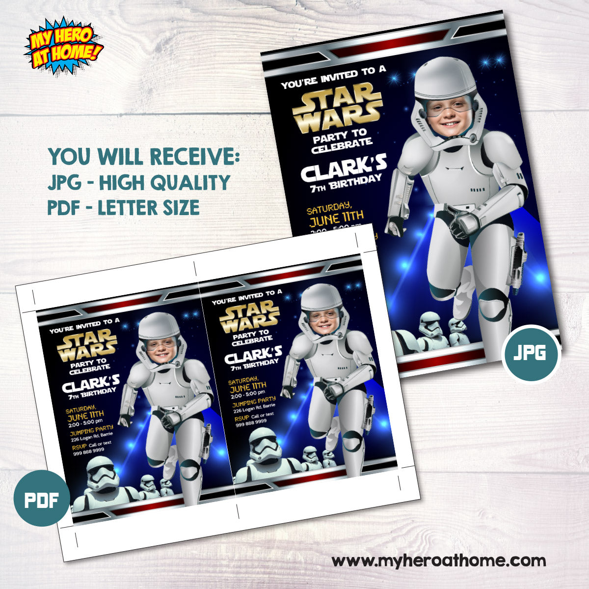 Custom Stormtroopers Birthday Invitation with kid as the Droid, Dark Side droids invite. 036