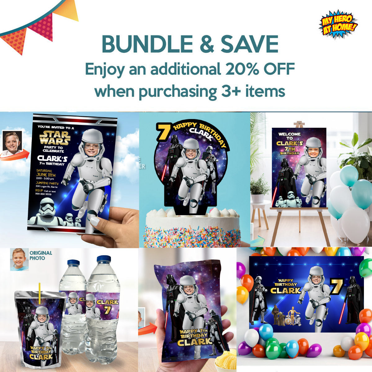 Custom Stormtrooper Birthday Backdrop 6x4 feet with kid as the star Droid. 036BB