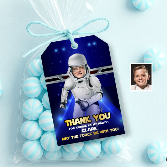 Stormtrooper thank you and favor tags with photo, Droids themed birthday. 036TY