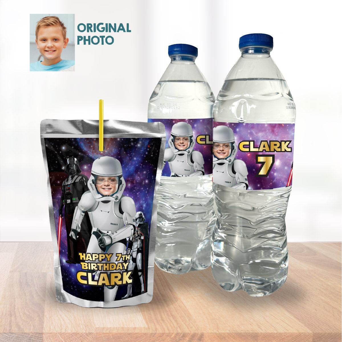 Custom Stormtrooper water wrappers and juice labels featuring birthday kid as the Droid. 036WJ