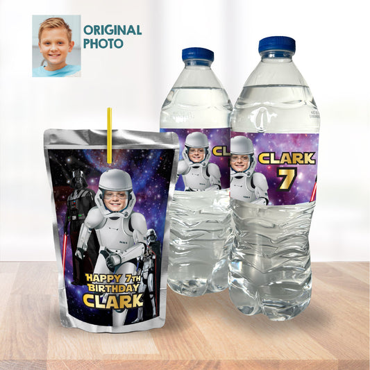Custom Stormtrooper water wrappers and juice labels featuring birthday kid as the Droid. 036WJ