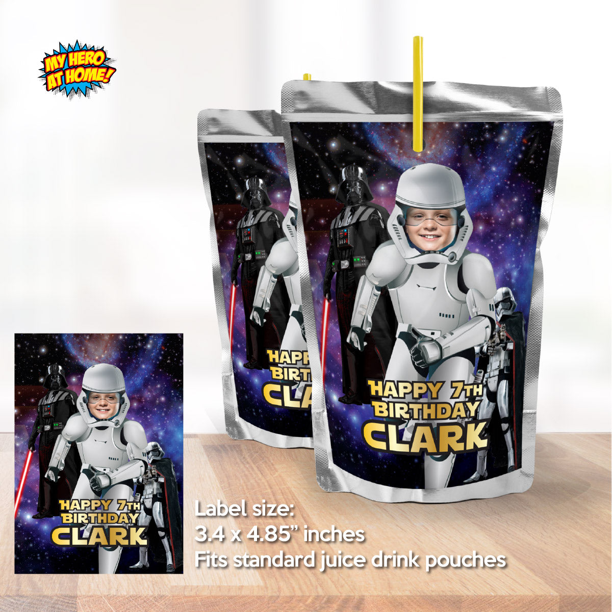Custom Stormtrooper water wrappers and juice labels featuring birthday kid as the Droid. 036WJ
